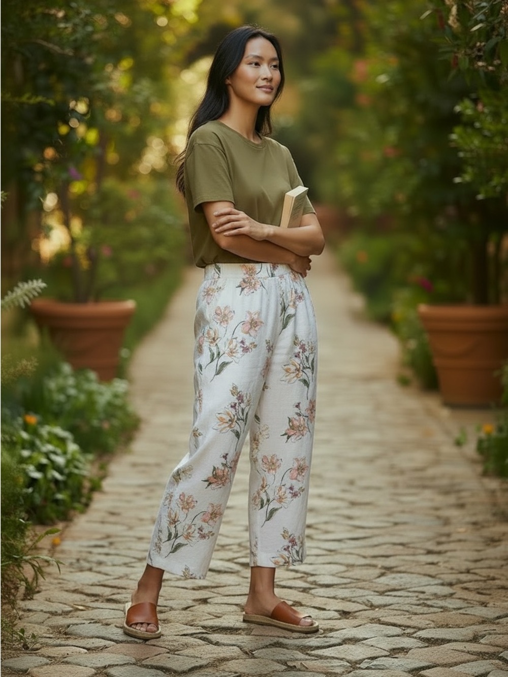 Floral Wide-Leg Linen Blend Pants - White Floral